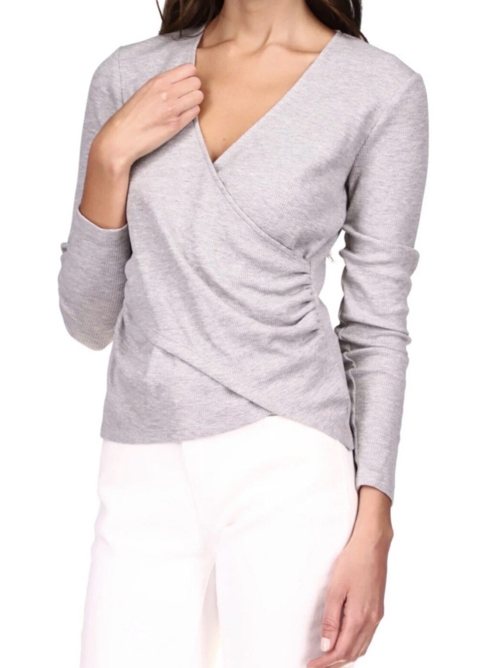 Michael Michael Kors Ribbed Faux-Wrap Top, Grey, PXS, New $84